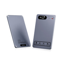 AI voice recorder card on a desk with phone app interface, meeting notes, and modern business workspace background